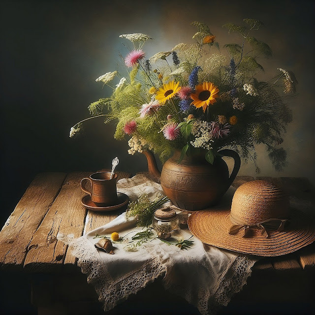 Hermosa imagen de flores sobre una hermosa mesa, junto a una taza de café.