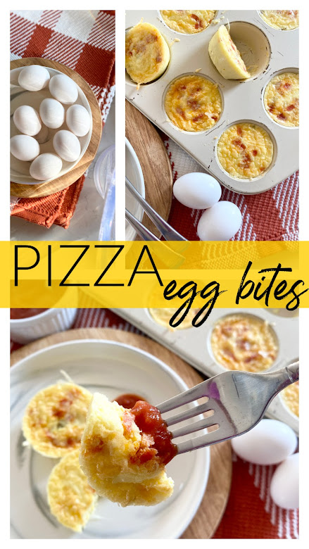 Collage of eggs on a plate, egg bites in a muffin tin and a bit of an egg on a fork.
