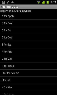 A simple example using Android's SQLite database, exposes data from Cursor to a ListView.