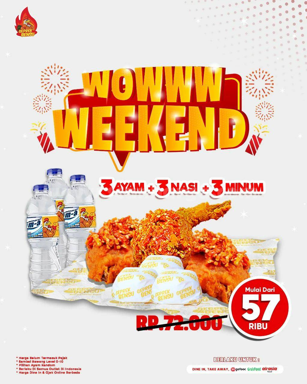 GEPREK BENSU Promo WEEKEND – 3 Ayam + 3 Nasi + 3 Minum Mulai 57RB
