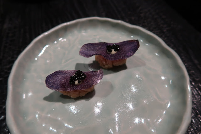 Hayes Valley's Robin serves unique nigiri, including this caviar atop a taro chip, rested above a bed of rice.