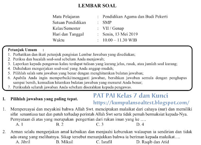 Soal UKK PAT PAI dan BP Kelas 7 Kurikulum 2013 + Kunci Jawaban