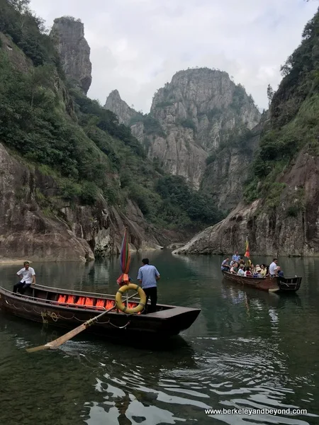 tourist boat crossing river in Shizhiyan Cliff Scenic Spot in Zhejiang Province, Wenzhou, China