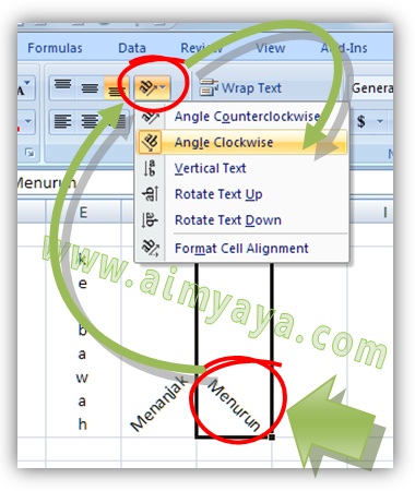 Gambar: Cara membuat tulisan miring atau turun ke bawah menggunakan tombol toolbar di microsoft Excel