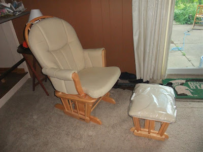 smooth rocking chair and ottoman, salvation army, padded, cushon