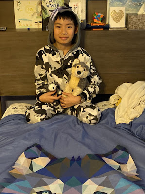 Boy in his wolf-themed bedroom wearing wolf themed pajamas