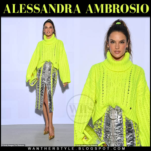 Alesandra Ambrosio in neon yellow green knit turtleneck and silver metallic skirt