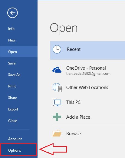 Mở Options trong Word