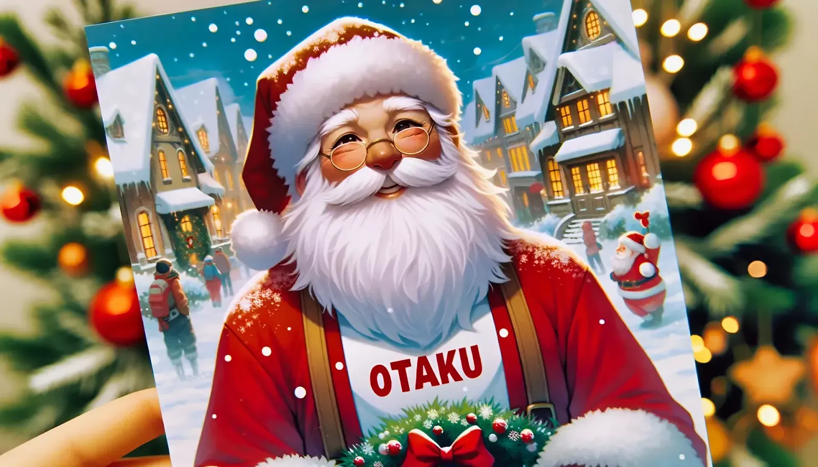 Świąteczna kartka z życzeniami z uśmiechniętym Mikołajem w okularach i koszulce z napisem Otaku. Mikoła znajduje się na zimowej, miejskiej ulicy.