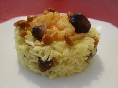 Arroz jazmín con setas y gambas.