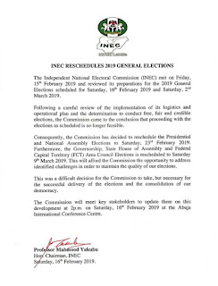 INEC's letter confirming the postponement of general elections