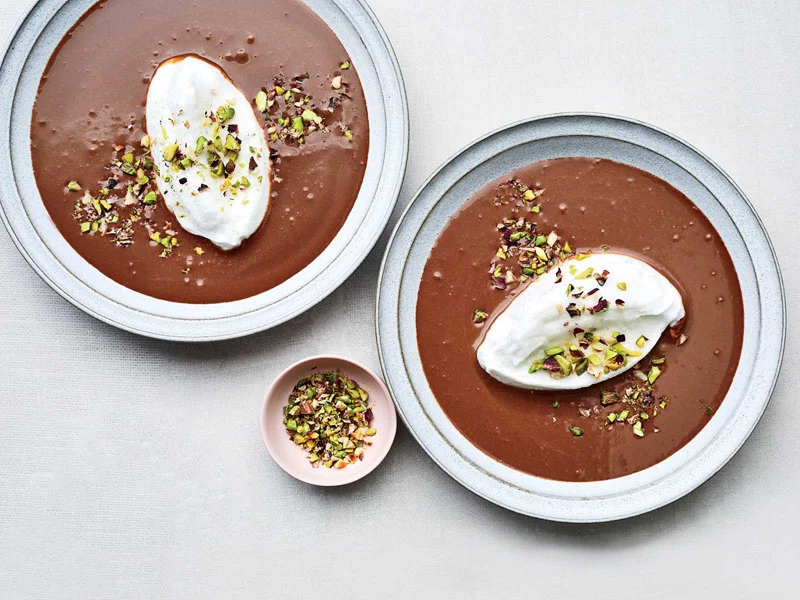 Floating Islands with Dark Chocolate Crème Anglaise and Toasted Pistachios