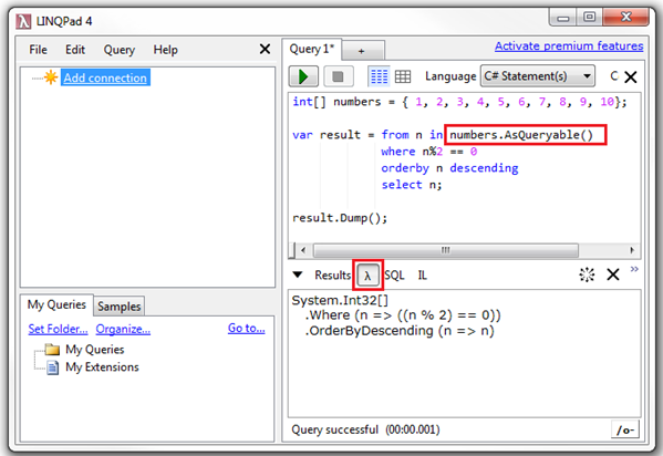 linqpad not showing anything in lambda window for a linq query