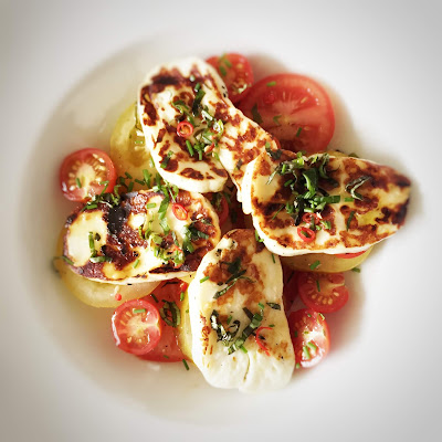Cypriot Halloumi with fresh tomatoes, garden herbs and chilli @bighomebird