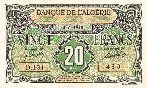 عملات نقدية وورقية جزائرية عشرون فرنك ورقية