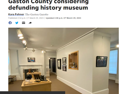 screenshot of Gaston Gazette web article "Gaston County considering defunding history museum: