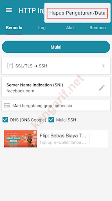 klik hapus pengaturan/data