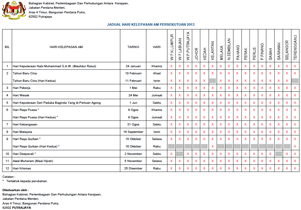 Malaysia Public Holidays 2013 Calendar (Kalendar Jadual Hari Kelepasan ...