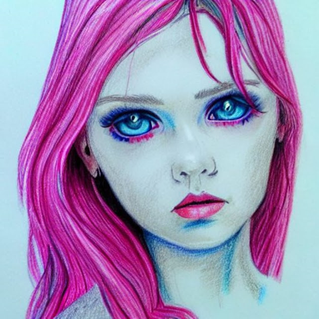 ART GALLERY - Art Drawing of a Girl with Blue Eyes and Pink Hair Beauty