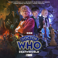 Artwork for Doctor Who - Deathworld, showing the first three Doctors Who plus companions Jo Grant, Brigadier Lethbridge-Stewart and Jamie McCrimmon