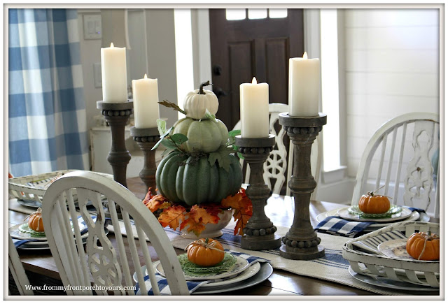 Fall Dining Room-French Country-CEnterpiece-Pumpkin Topiary-Buffalo Check-Blue and White-Tablescape-From My Front Porch To Yours