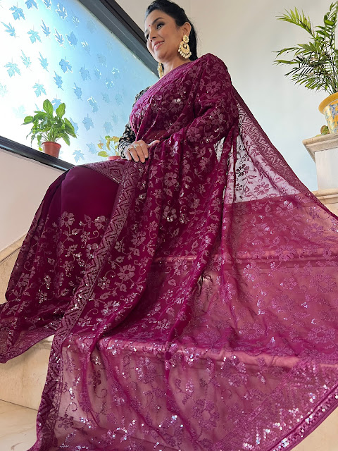 Embroidered wine saree