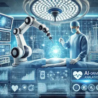 A robotic-assisted surgery being performed with AI technology