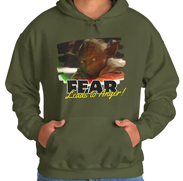 A Hoodie With Star Wars Yoda Holding His Blade and Caption Fear Leads to Anger