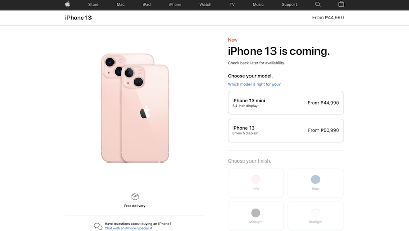 The iPhone 13 is now up on the Apple PH website