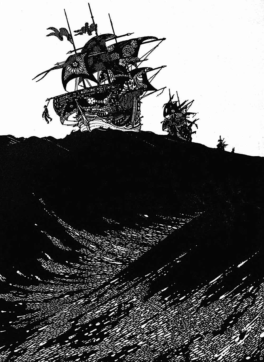 an old Harry Clarke book illustration, ships with black sails