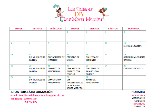 CALENDARIO TALLERES DIY DE LAS MARIS MANITAS