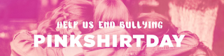 pink shirt day. image clipped from pinkshirtday.ca website. Text says "Help us end bullying. Pink Shirt Day"