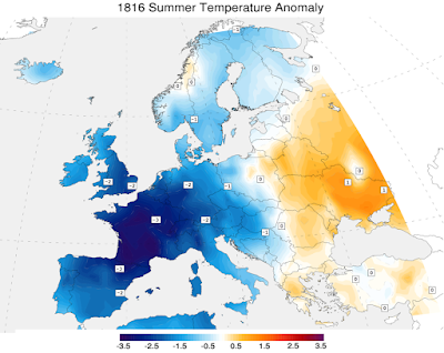 Anomalía de temperatures de ll'estiu de 1816 (ºC) respecte a la climatologia de 1971-2000