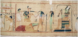 Scene from the Books of the Dead (The Egyptian Museum) showing the ibis-headed God Thoth recording the result of the final judgment