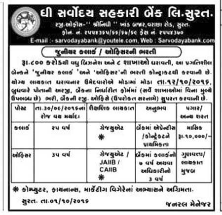 The Sarvodaya Sahakari Bank Ltd. Surat Recruitment 2016 for Clerk & Officer Posts