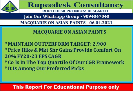MACQUARIE ON ASIAN PAINTS - Rupeedesk Reports