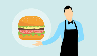 burger, eat, meal, food, hamburger, fast, lunch, eating, unhealthy, dinner, cheeseburger, butler, waiter, apron, catering, gesture, man, inviting, serve, service