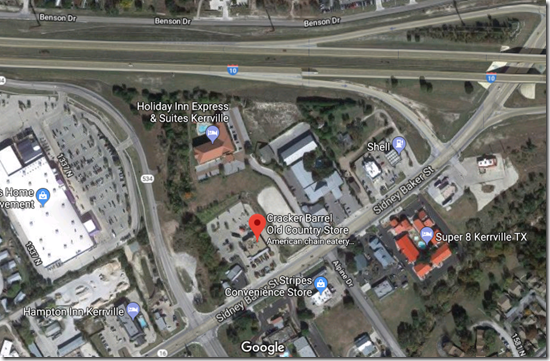 Google Map, Satellite view, Kerryville Texas Cracker Barrel