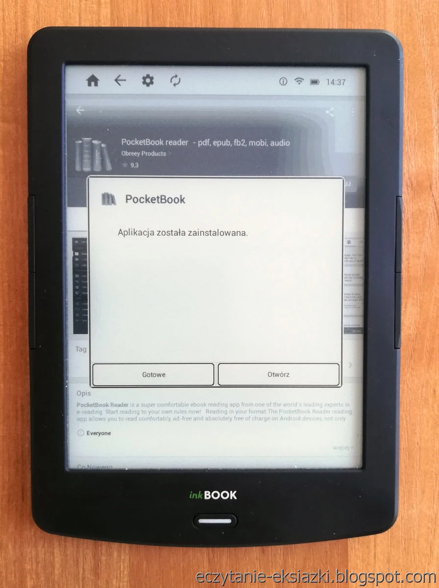 InkBOOK LUMOS – komunikat o zainstalowaniu aplikacji PocketBook Reader