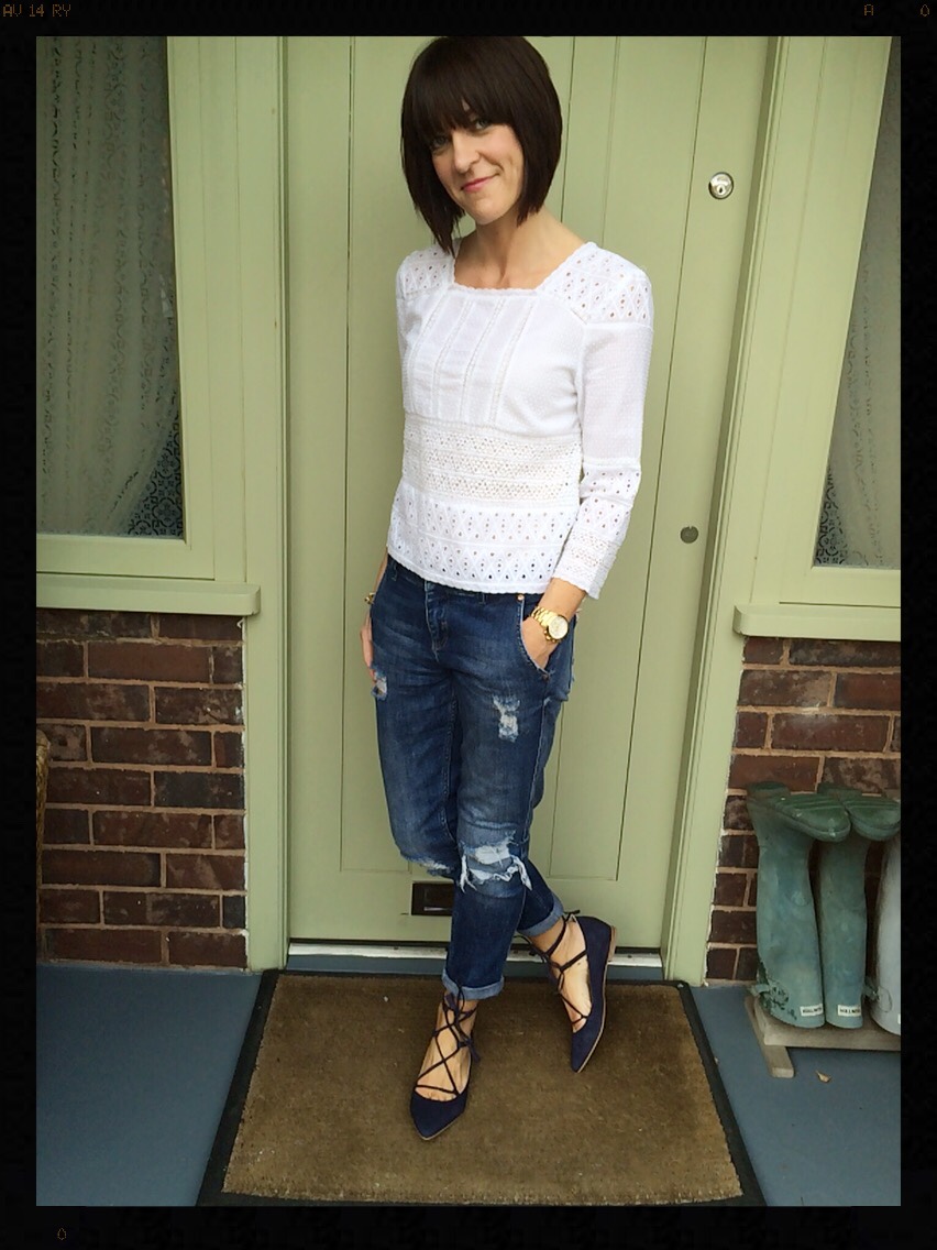 My Midlife Fashion, Zara, Boden, Lace Top, Boyfriend Jeans, Distressed Denim, Boden Lille Lace up point