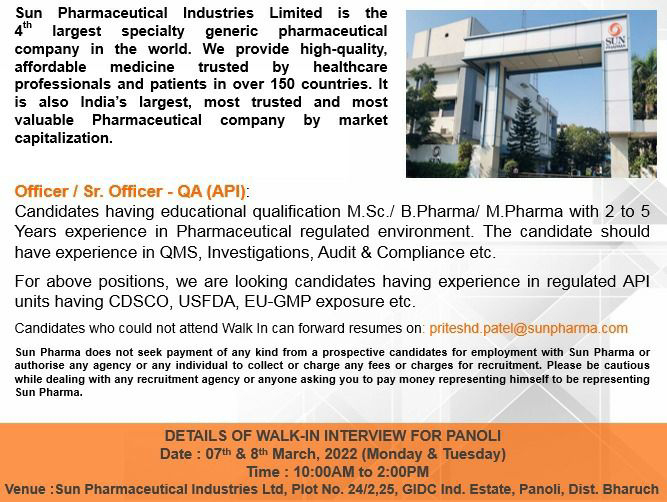 Job Availables,Sun Pharmaceutical Industries Limited Walk-In-Interview For MSc/ B.Pharm/ M.Pharm