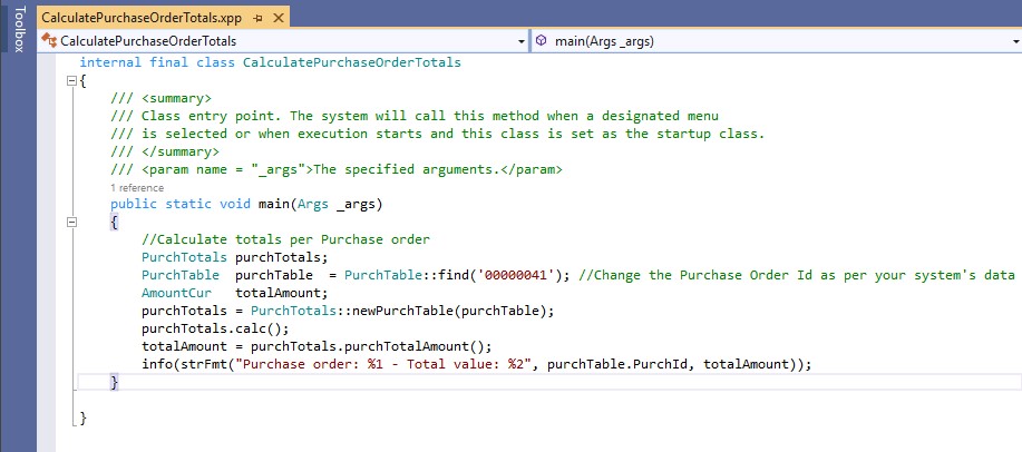 How to Calculate purchase order total value using X++ in Dynamics 365 FO?