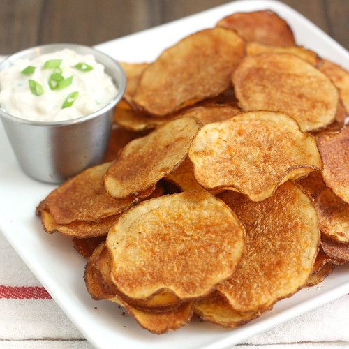 Homemade Baked Smoked Paprika Potato Chips with Triple Onion Dip