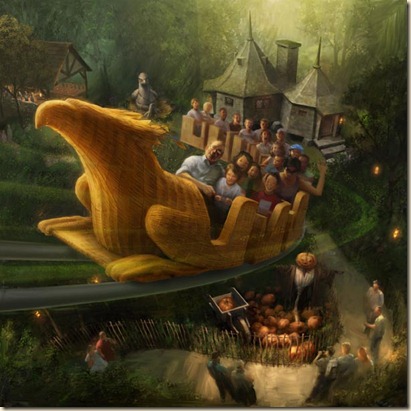 FLIGHT OF THE HIPPOGRIFF – Flight of the Hippogriff is a family coaster simulating a Hippogriff training flight over the grounds of Hogwarts castle.Early conceptual rendering of Flight of the Hippogriff.