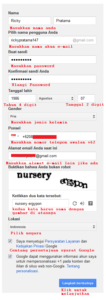 masukkan data pada form pendaftaran gmail