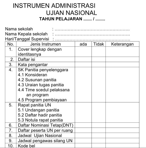 Contoh Format Instrumen Administrasi Ujian Nasional ( UN 