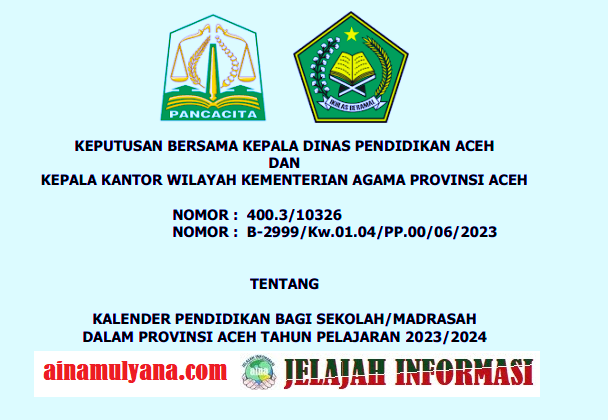 Kalender Pendidikan TK RA SD MI SMP MTS MA MAK Provinsi Aceh Tahun Pelajaran 2023/2024