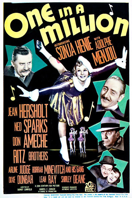 Advertising poster for the Twentieth Century Fox film "One In A Million", starring Sonja Henie, Adolphe Menjou and Jean Hersholt