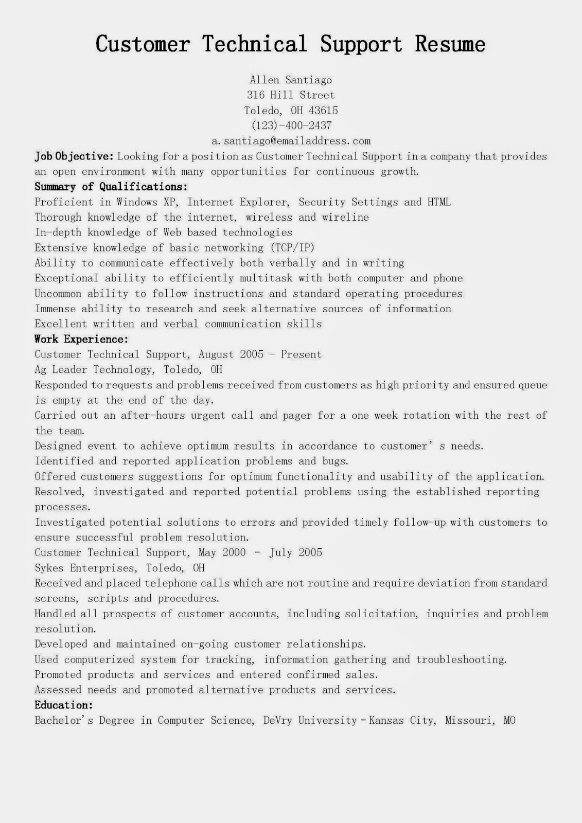 Resume Samples: Customer Technical Support Resume Sample Resume Samples: Customer Technical Support Resume Sample