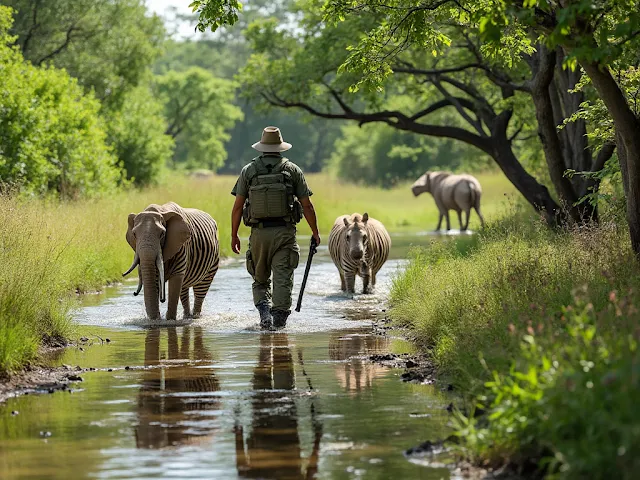A dynamic and hopeful scene showcasing efforts to conserve biodiversity. The image includes protected wildlife areas, anti-poaching patrols, and habitat restoration activities. Community members are shown participating in conservation education and sustainable practices, highlighting the importance of protecting wildlife and preserving natural ecosystems